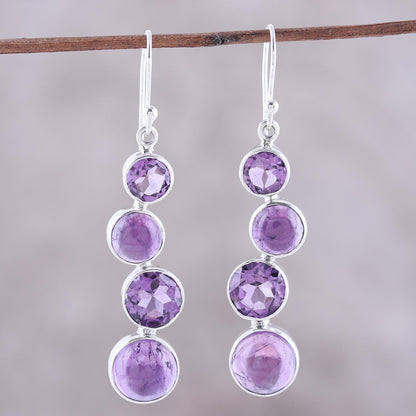 Purple Raindrops Round Faceted Amethyst and Sterling Silver Dangle Earrings