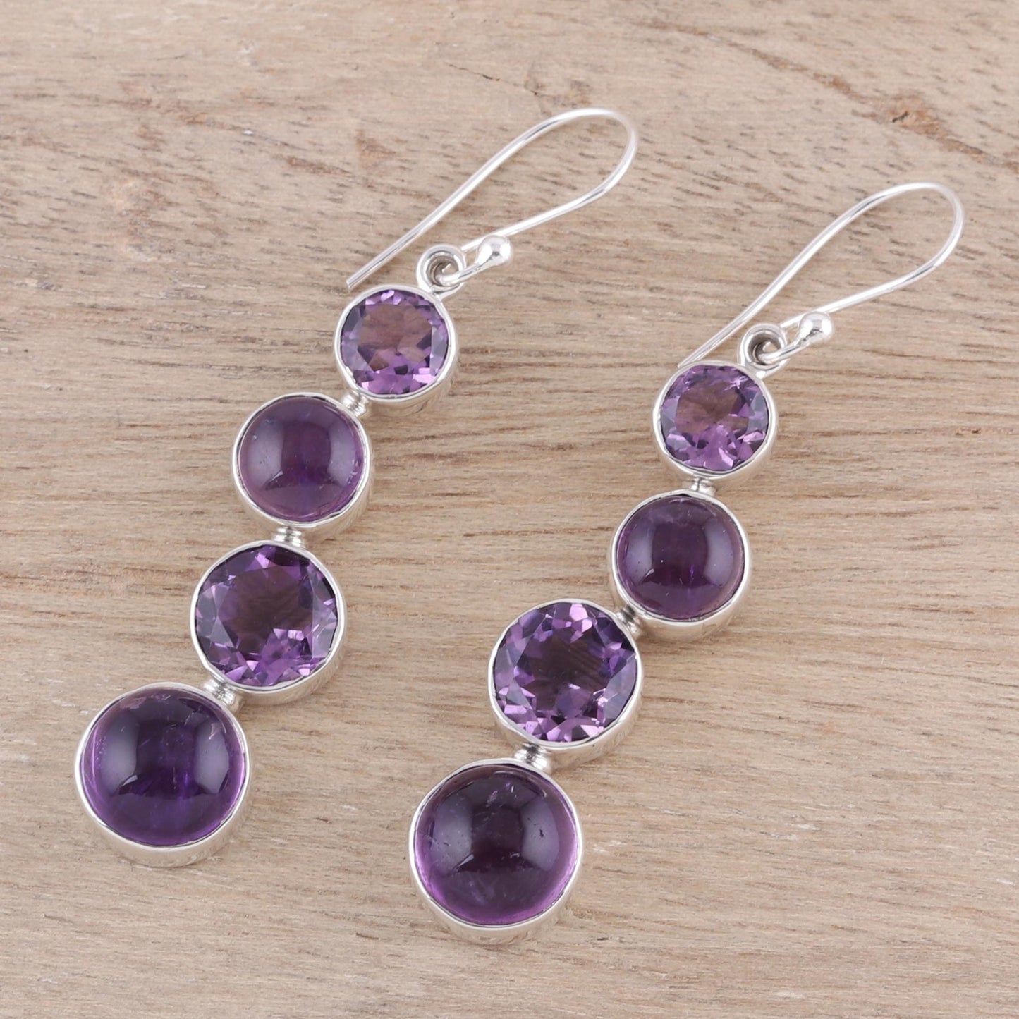 Purple Raindrops Round Faceted Amethyst and Sterling Silver Dangle Earrings