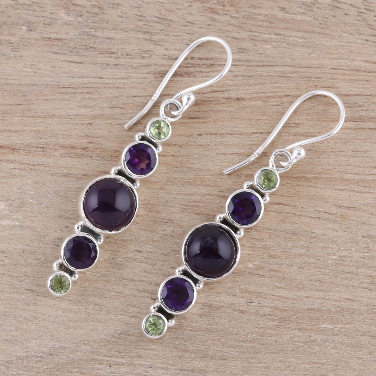 Peaceful Fusion Amethyst and Peridot Sterling Silver Dangle Earrings