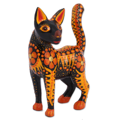 Fiery Cat Wood Alebrije Cat Figurine in Orange from Mexico