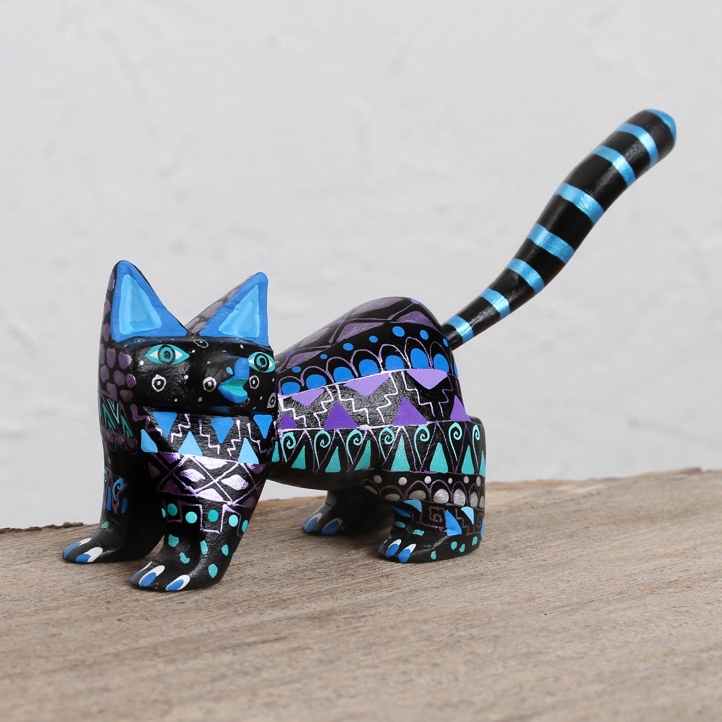 Nocturnal Cat Hand-Painted Wood Alebrije Cat Figurine from Mexico