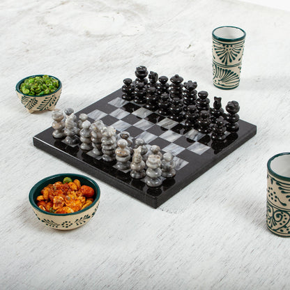 Black and Grey Challenge Marble Chess Set in Black and Grey from Mexico (7.5 in.)