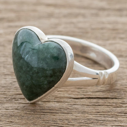 Love Dream Heart-Shaped Dark Green Jade Cocktail Ring from Guatemala