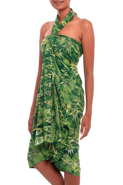 Dawning Mystery in Green Leaf Motif Batik Rayon Sarong in Green from Bali