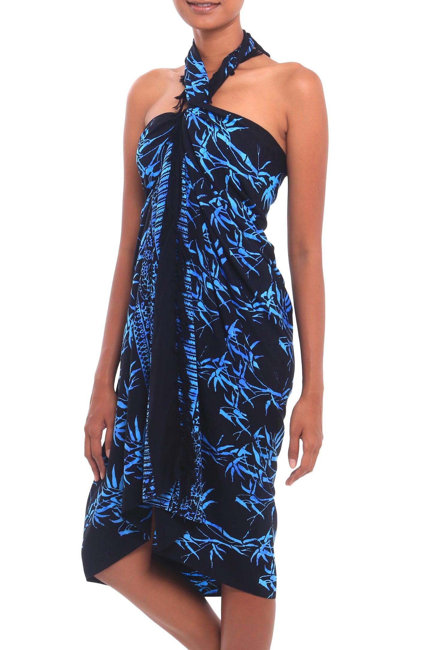 Leafy Memories Batik Rayon Sarong in Black and Blue from Bali