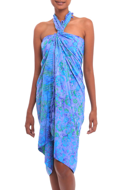 Pale Blue Petals Floral Batik Rayon Sarong in Pale Blue from Bali