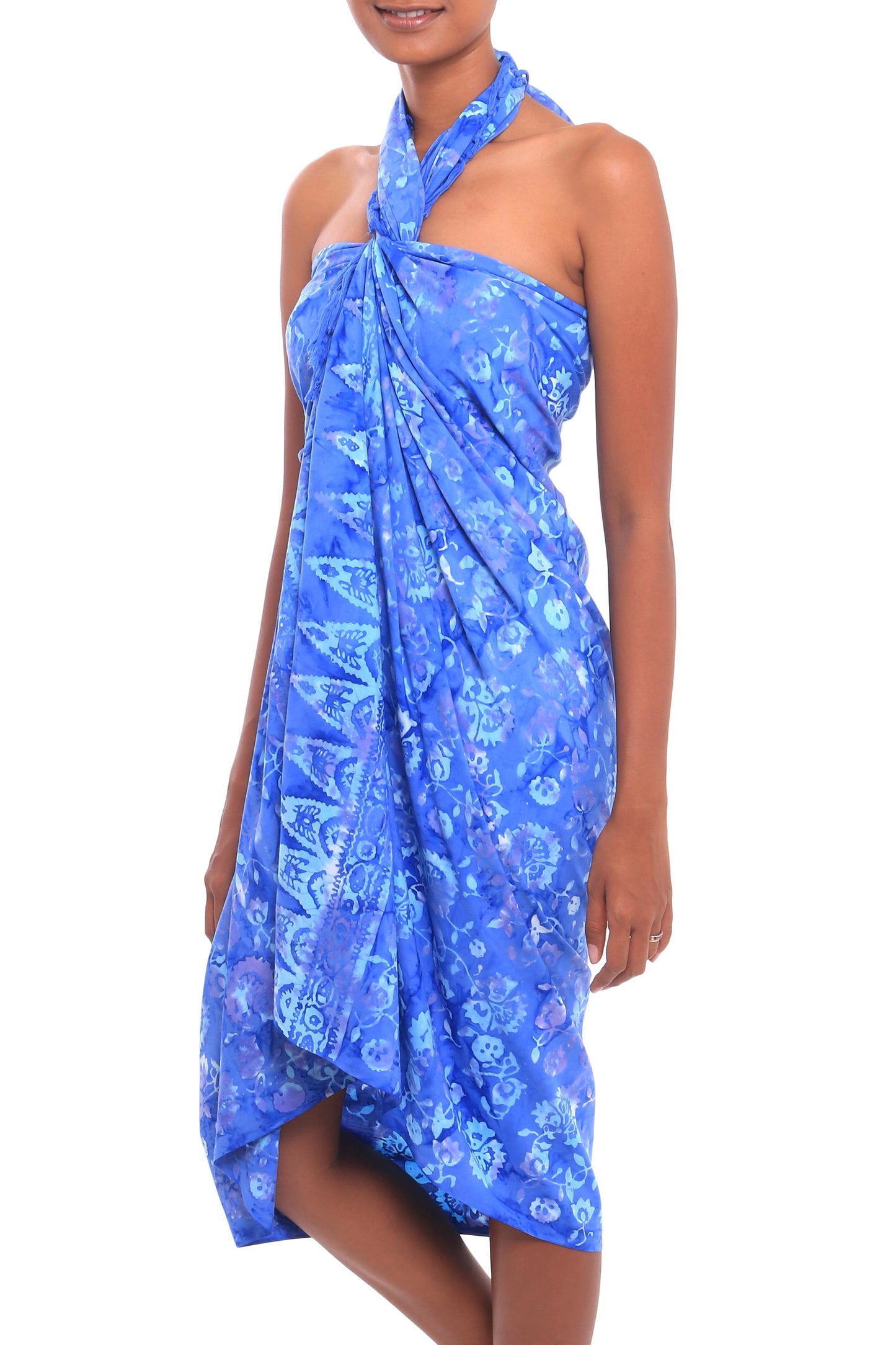 Pastel Blue Flowers Floral Motif Batik Rayon Sarong in Blue from Bali