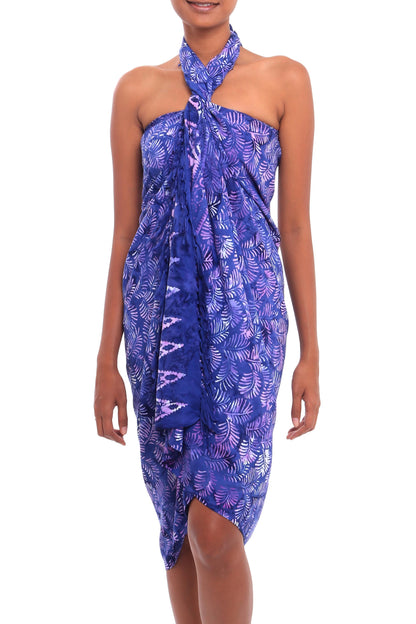 Peaceful Fronds Leaf Motif Batik Rayon Sarong in Purple from Bali