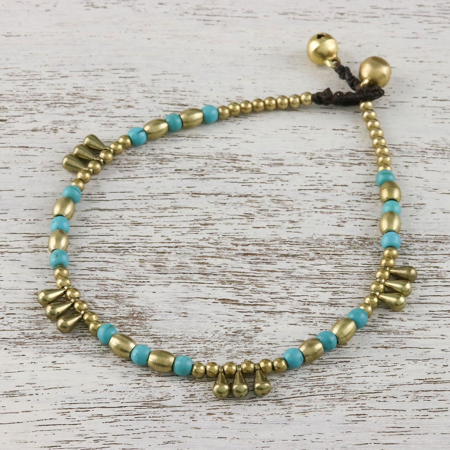 Musical Wanderer Calcite and Brass Beaded Anklet from Thailand