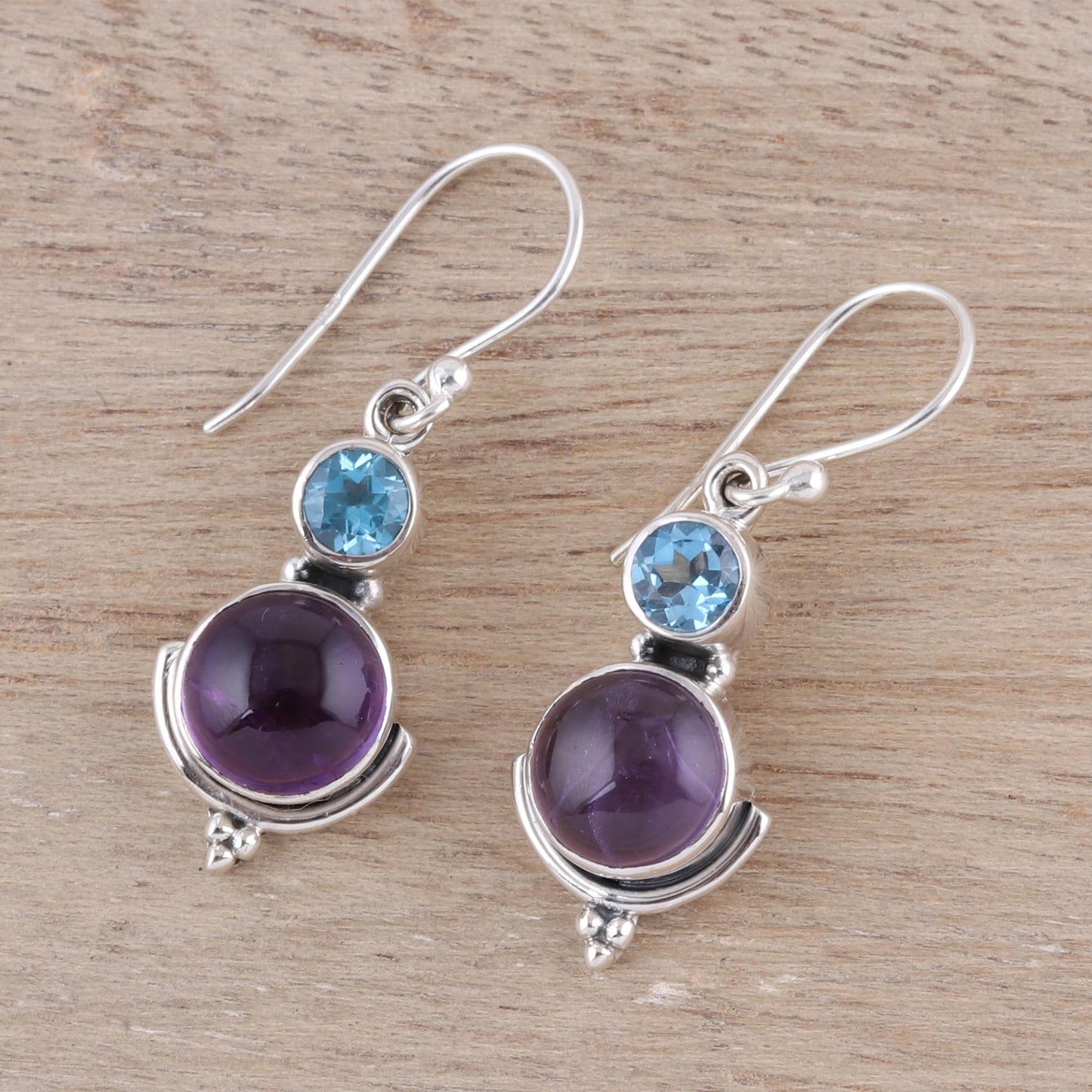 Lively Harmony Amethyst and Blue Topaz Dangle Earrings from India