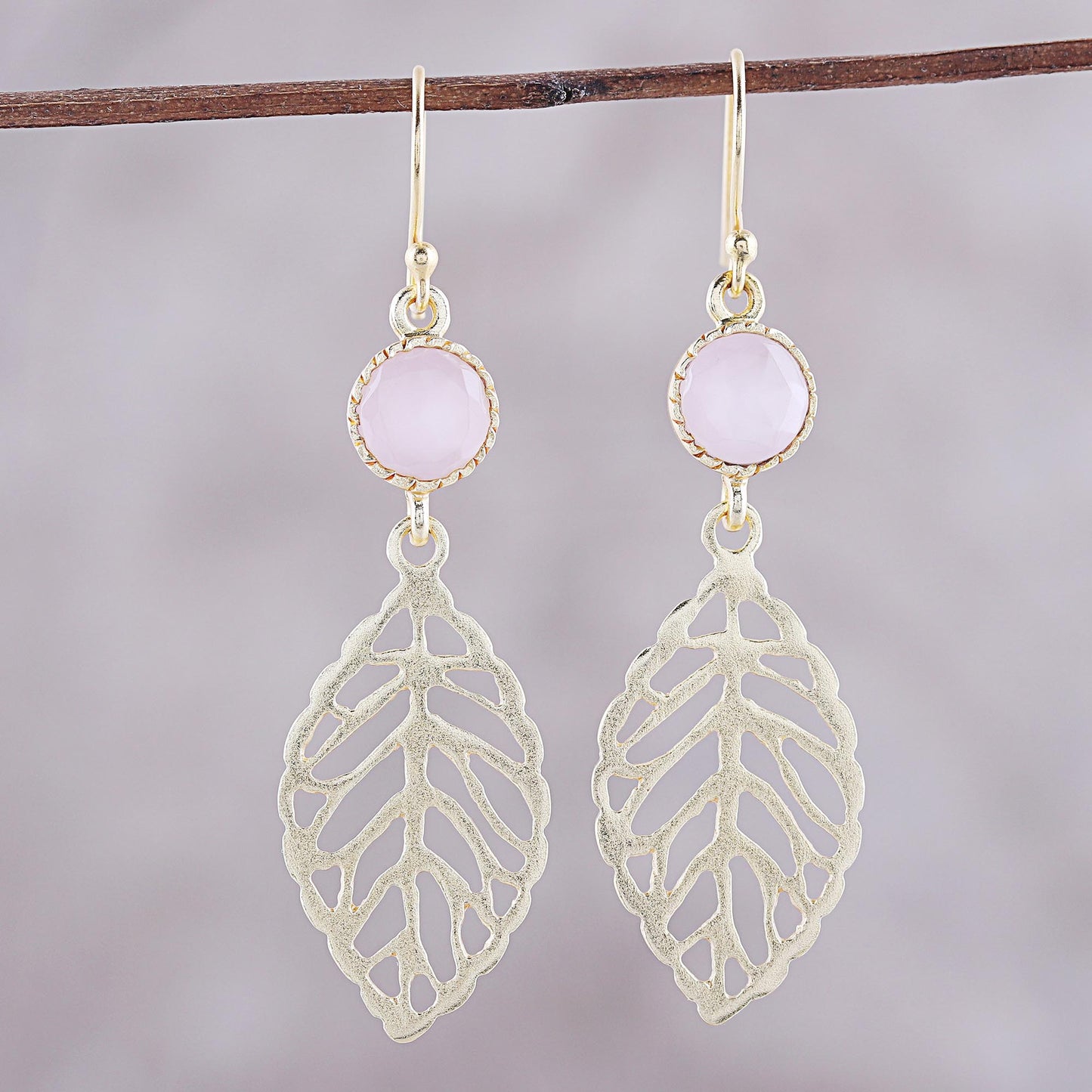 Jaipur Leaves Gold Plated Rose Quartz Leaf Earrings from India