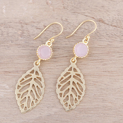 Jaipur Leaves Gold Plated Rose Quartz Leaf Earrings from India