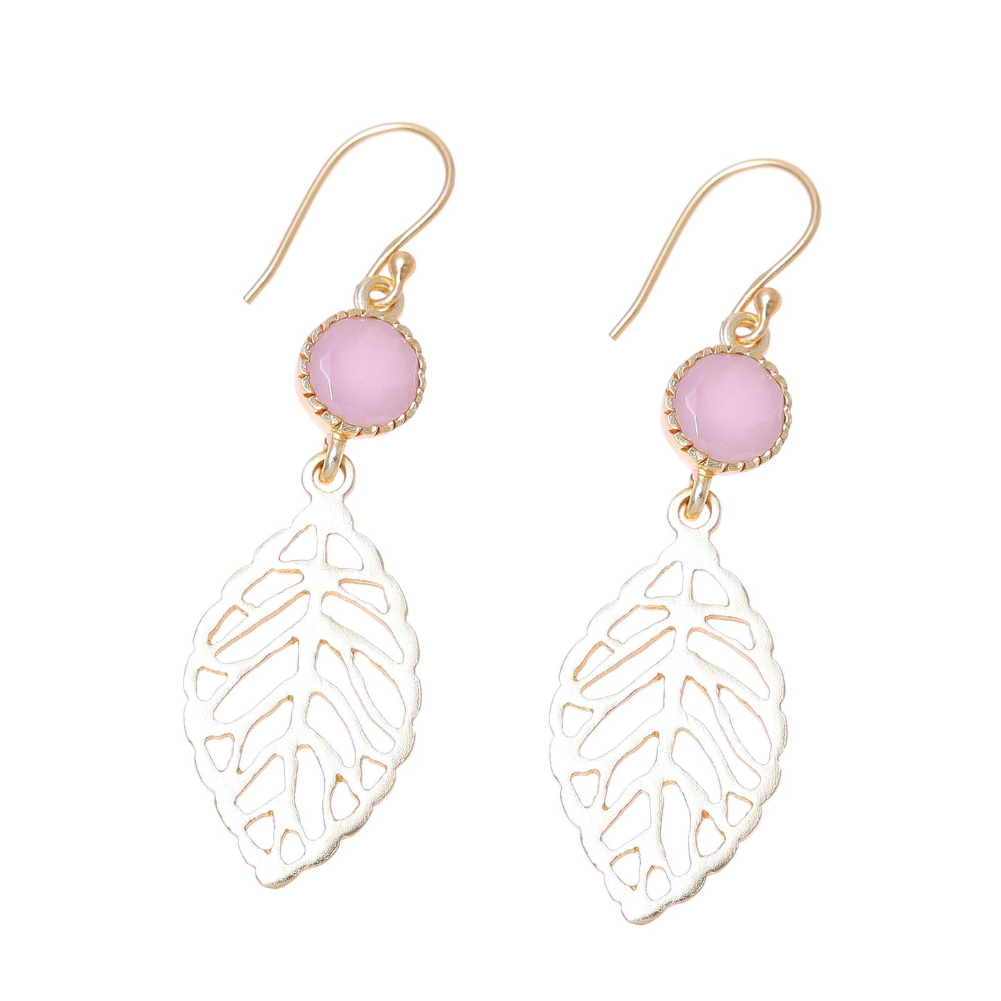 Jaipur Leaves Gold Plated Rose Quartz Leaf Earrings from India