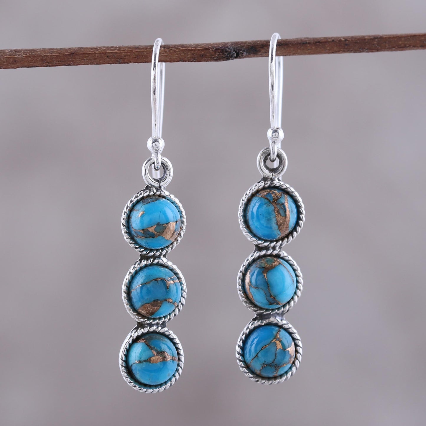 Dancing Circles Circular Sterling Silver and Composite Turquoise Earrings