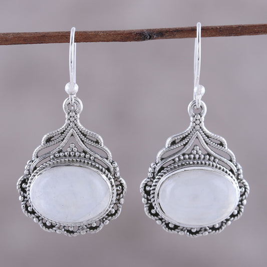 Jeweled Glory Natural Oval Rainbow Moonstone Dangle Earrings from India