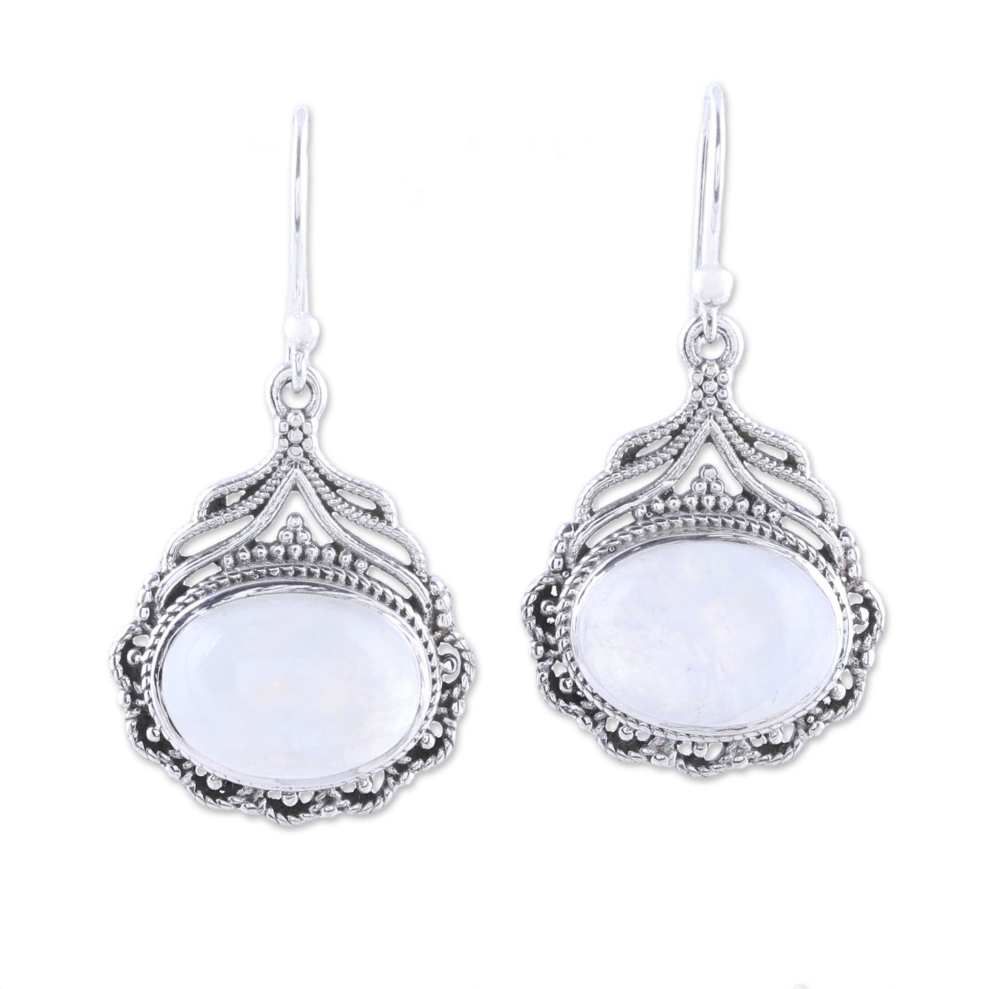 Jeweled Glory Natural Oval Rainbow Moonstone Dangle Earrings from India