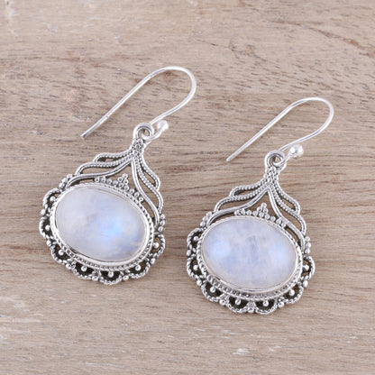 Jeweled Glory Natural Oval Rainbow Moonstone Dangle Earrings from India