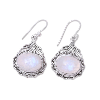 Jeweled Glory Natural Oval Rainbow Moonstone Dangle Earrings from India