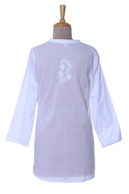 Ethereal Bloom Long Sleeve Floral White Blouse Hand Embroidered in India