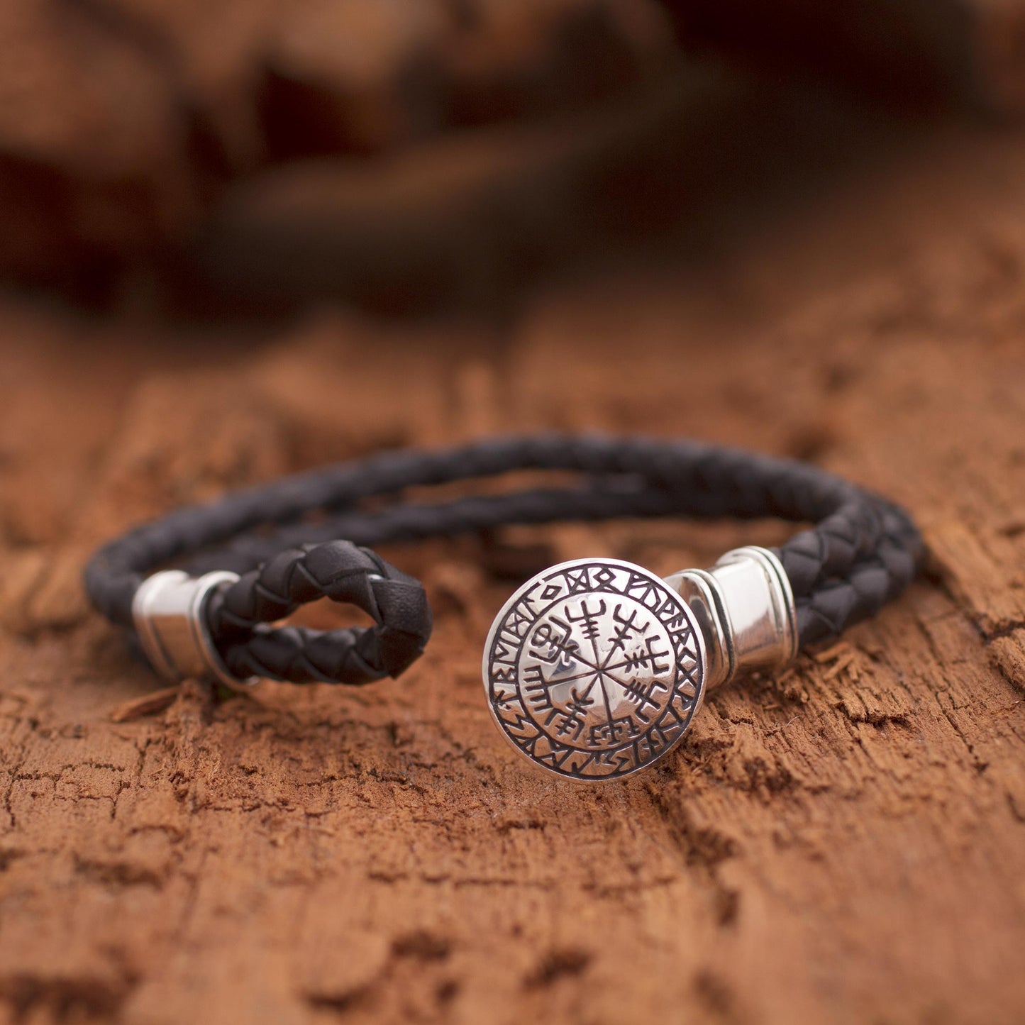 Runic Compass Men's Sterling Silver and Leather Bracelet from Bali