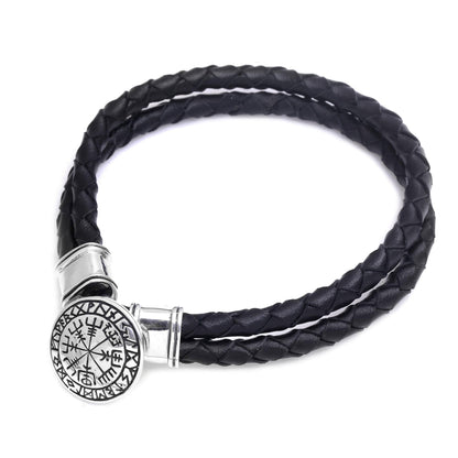 Runic Compass Men's Sterling Silver and Leather Bracelet from Bali