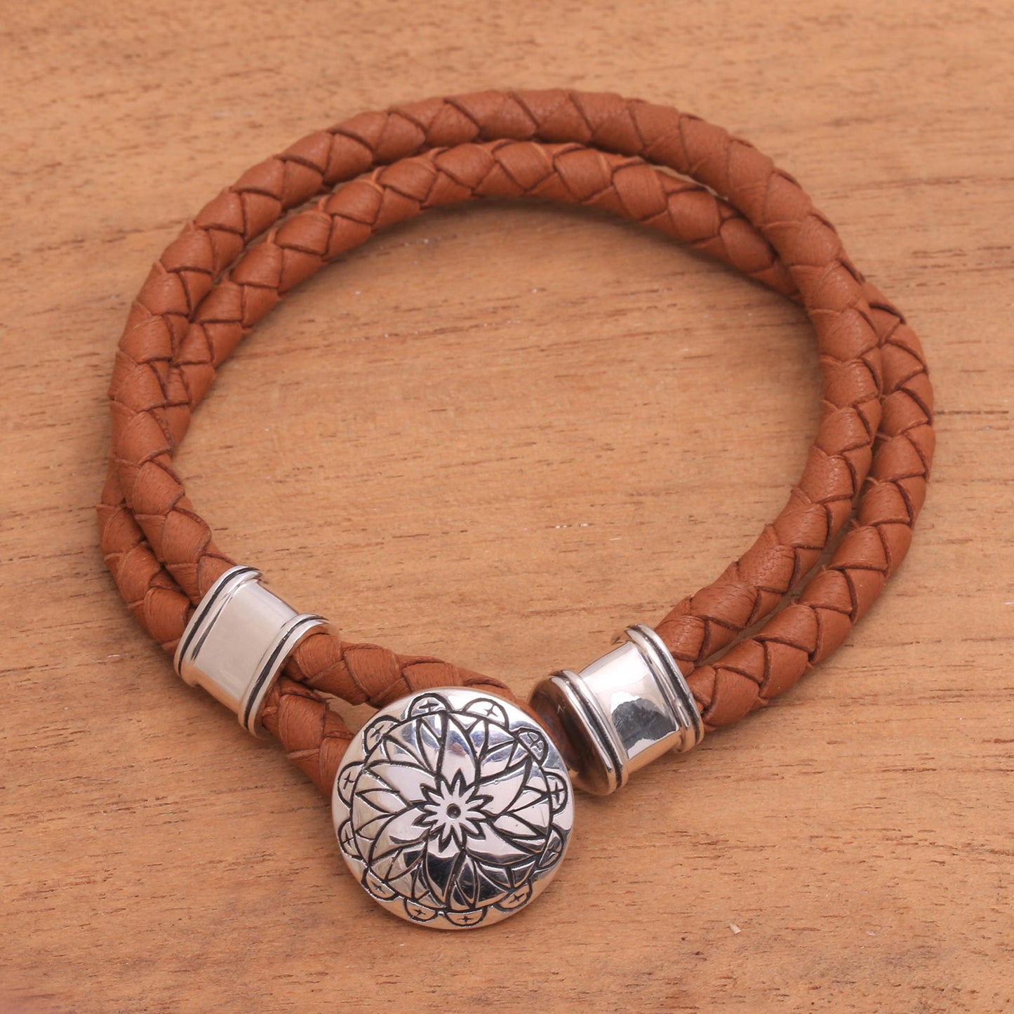 Lotus Leather Accent Sterling Silver Bracelet with Lotus Pendant