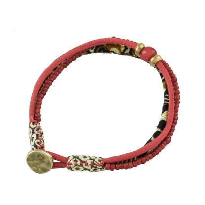 Raging Red Cotton and Glass Beaded Eclectic Boho Fabric Bracelet in Red