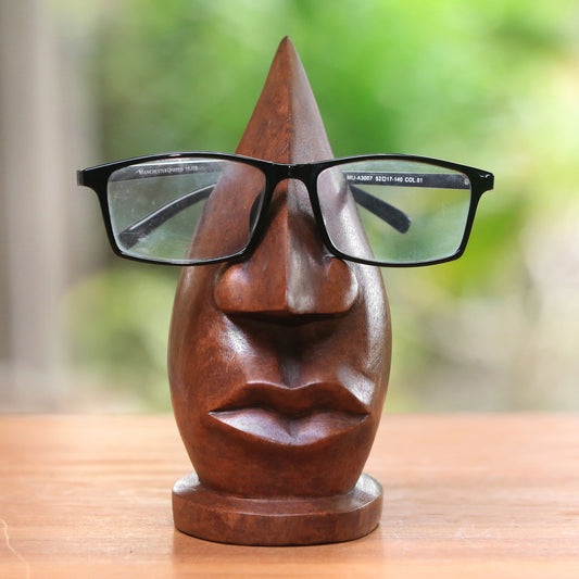 Prominent Nose in Light Brown Wood Eyeglasses Stand in Light Brown from Bali