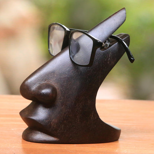 Prominent Nose in Dark Brown Wood Eyeglasses Stand in Dark Brown from Bali