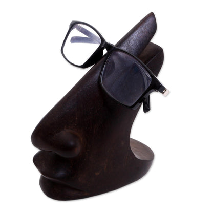 Prominent Nose in Dark Brown Wood Eyeglasses Stand in Dark Brown from Bali