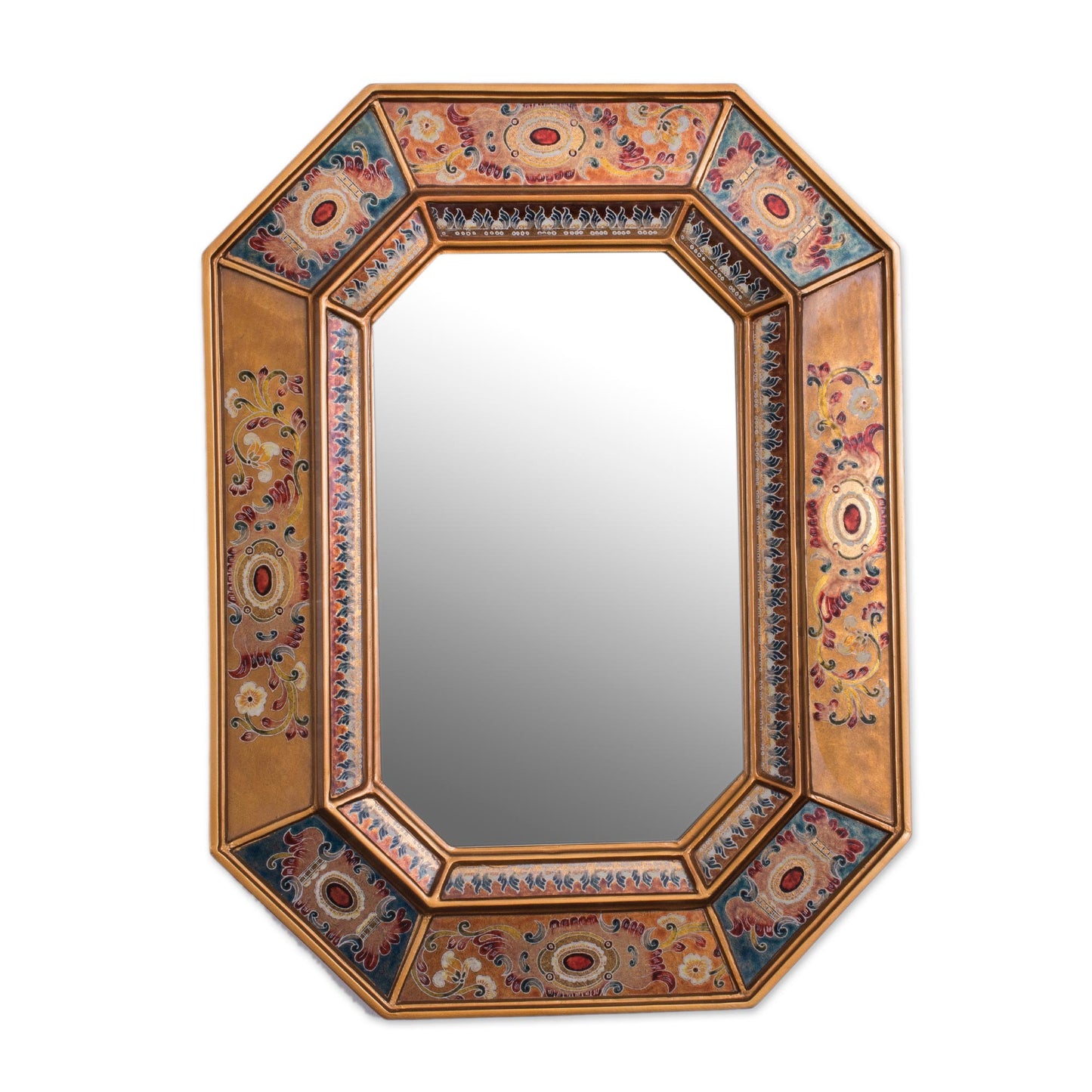 Colonial Majesty Floral Reverse-Painted Glass Wall Mirror from Peru