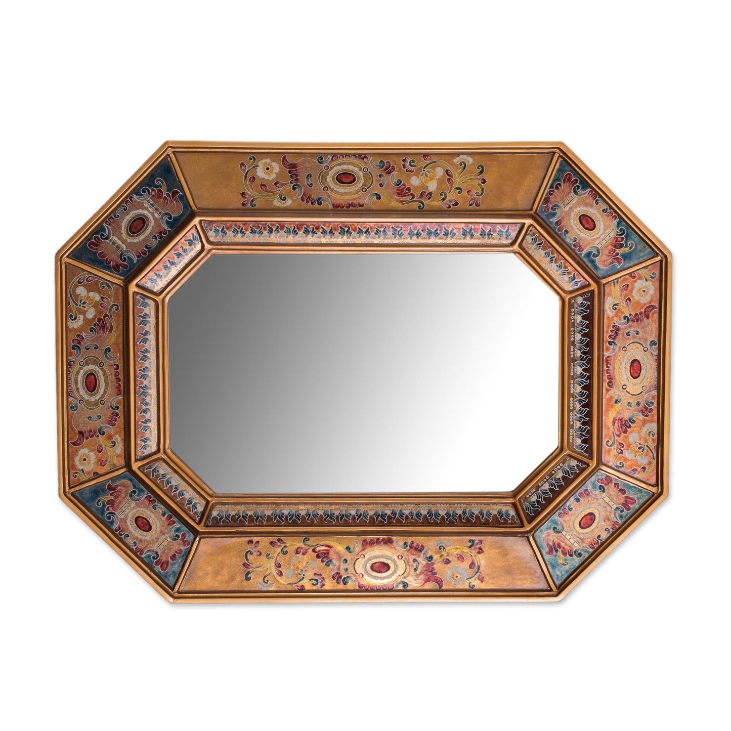 Colonial Majesty Floral Reverse-Painted Glass Wall Mirror from Peru