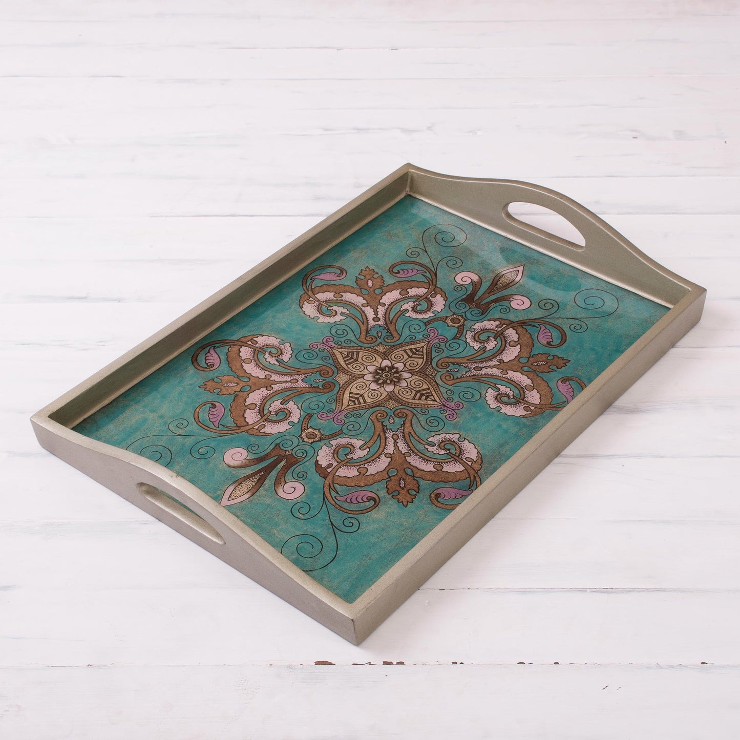 Enchanting Flowers in Teal Floral Reverse-Painted Glass Tray from Peru