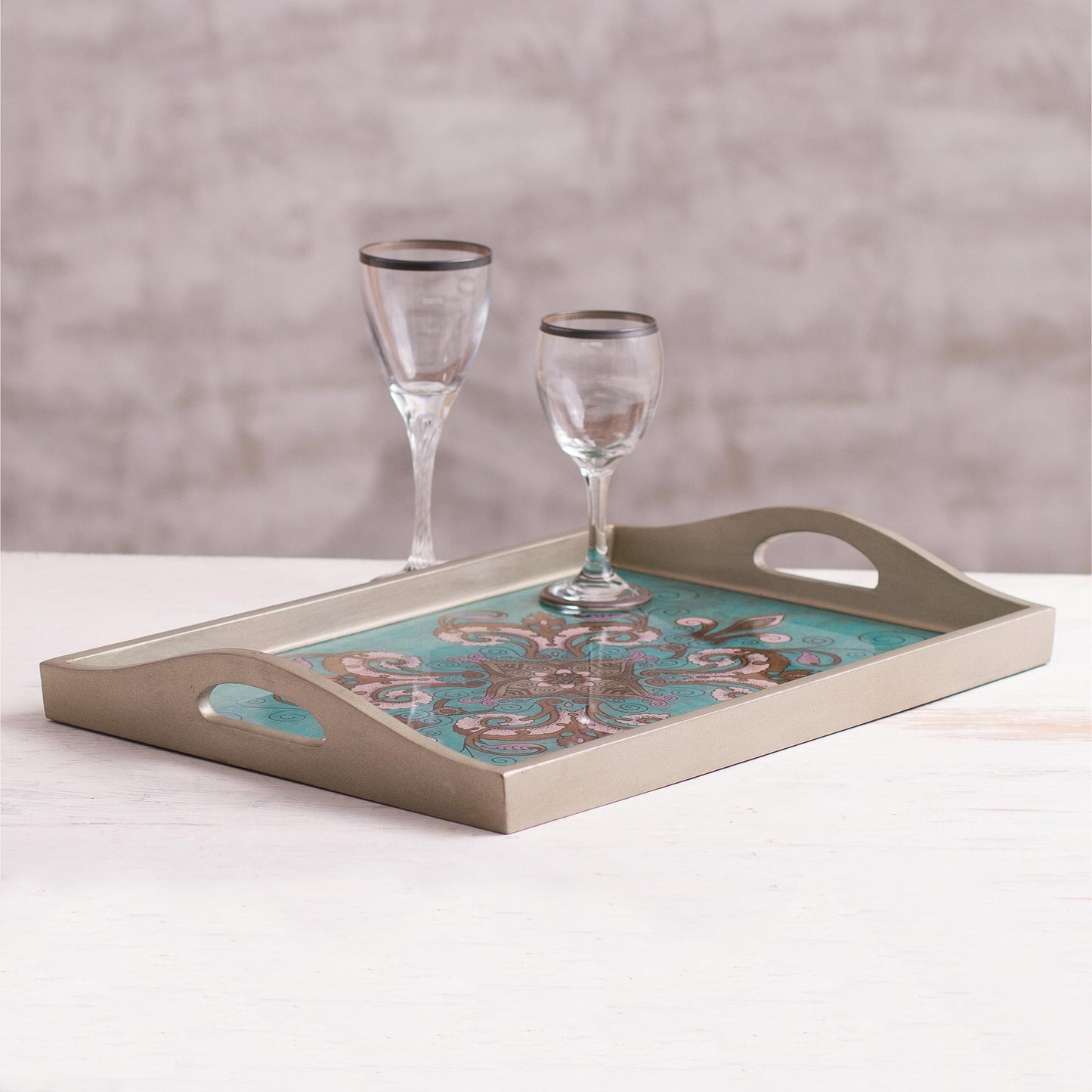 Enchanting Flowers in Teal Floral Reverse-Painted Glass Tray from Peru