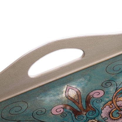 Enchanting Flowers in Teal Floral Reverse-Painted Glass Tray from Peru