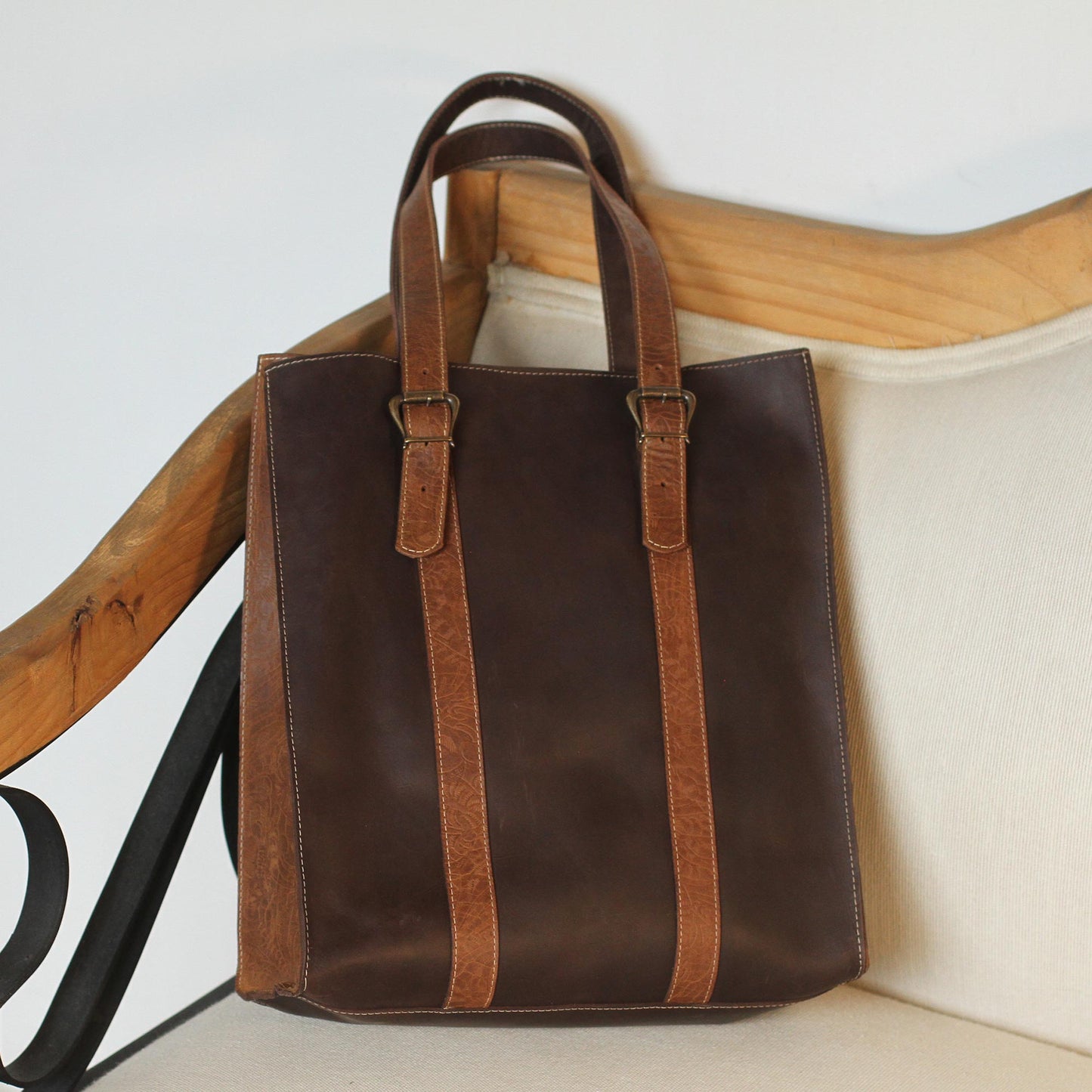 Contemporary Espresso Handmade Leather Tote in Chestnut and Espresso from Mexico