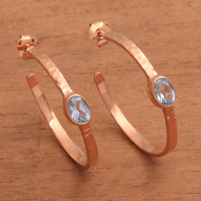 Paradox Rose Gold Plated Blue Topaz Hammered Half Hoop Earrings