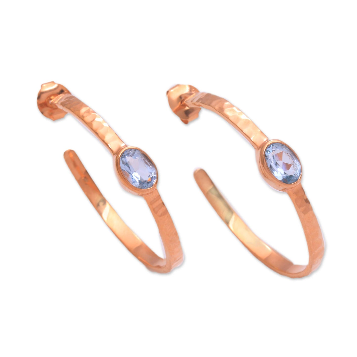 Paradox Rose Gold Plated Blue Topaz Hammered Half Hoop Earrings