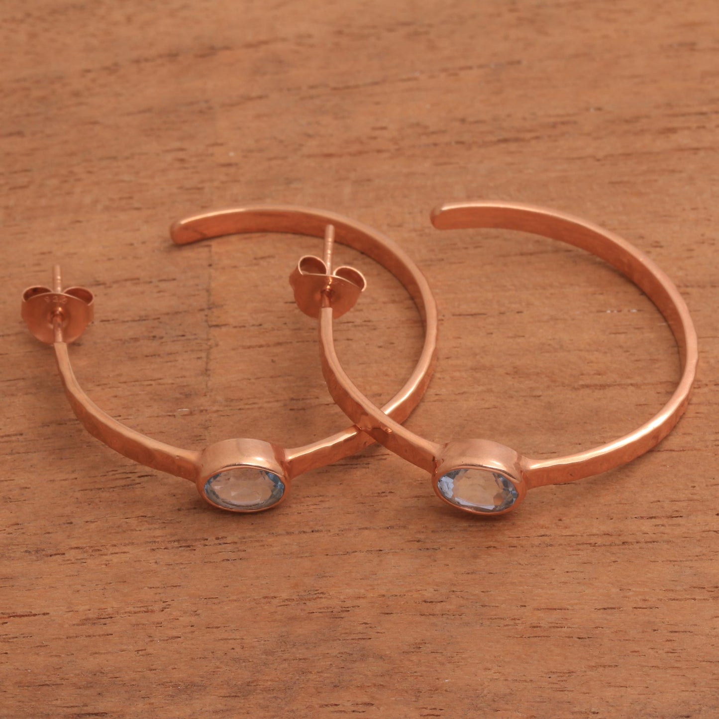 Paradox Rose Gold Plated Blue Topaz Hammered Half Hoop Earrings