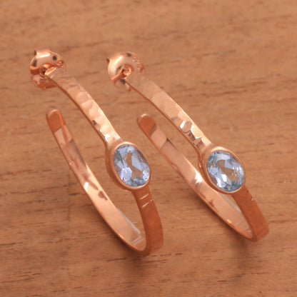 Paradox Rose Gold Plated Blue Topaz Hammered Half Hoop Earrings