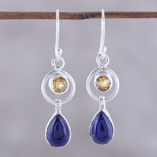 Gleaming Midnight Lapis Lazuli and Citrine Dangle Earrings from India