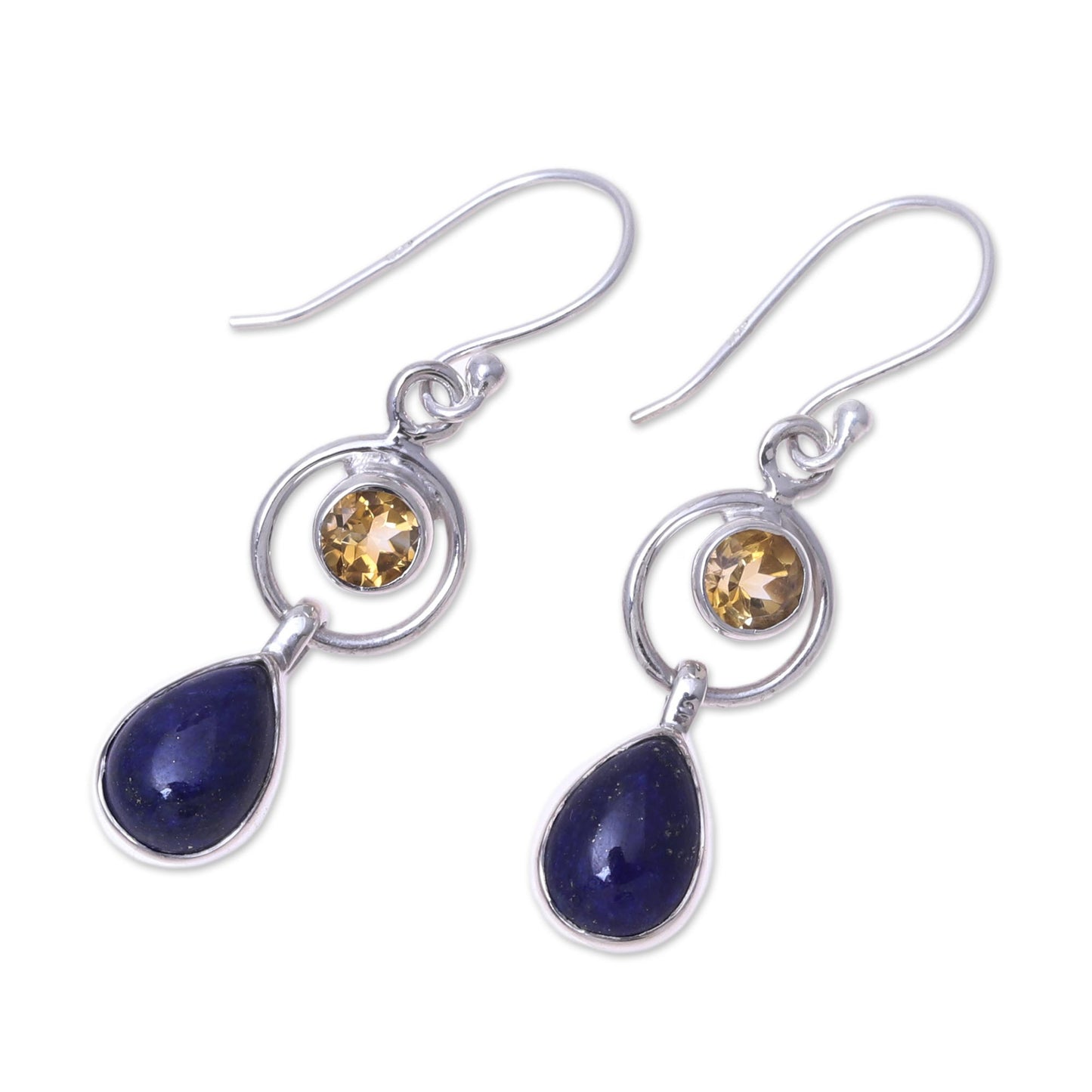 Gleaming Midnight Lapis Lazuli and Citrine Dangle Earrings from India