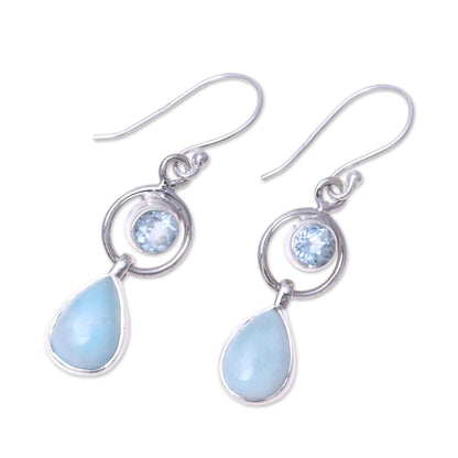 Gleaming Daylight Larimar and Blue Topaz Dangle Earrings from India