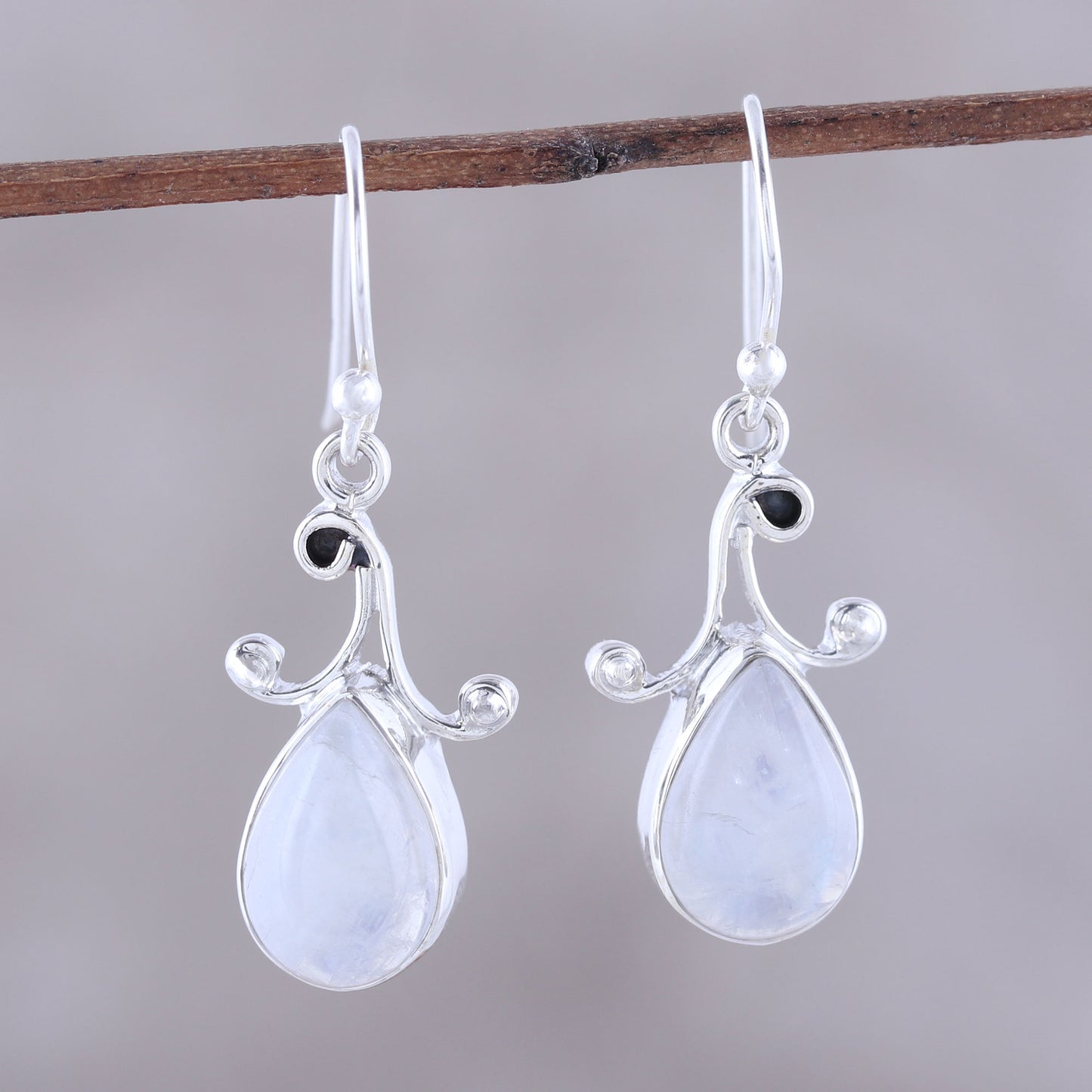 Lustrous Drops Teardrop Rainbow Moonstone Dangle Earrings from India