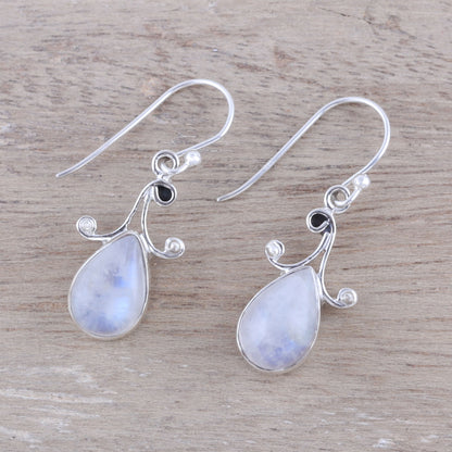 Lustrous Drops Teardrop Rainbow Moonstone Dangle Earrings from India