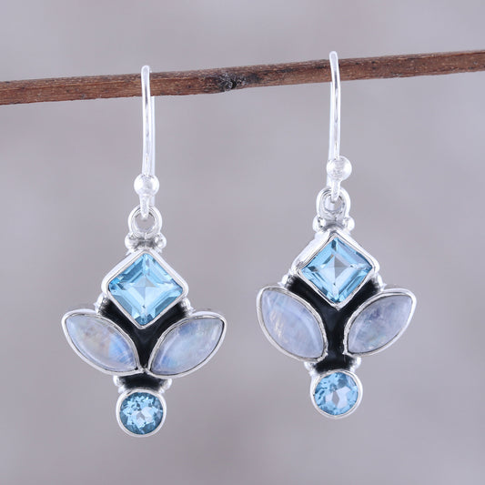 Glitzy Blue Blue Topaz and Rainbow Moonstone Dangle Earrings from India