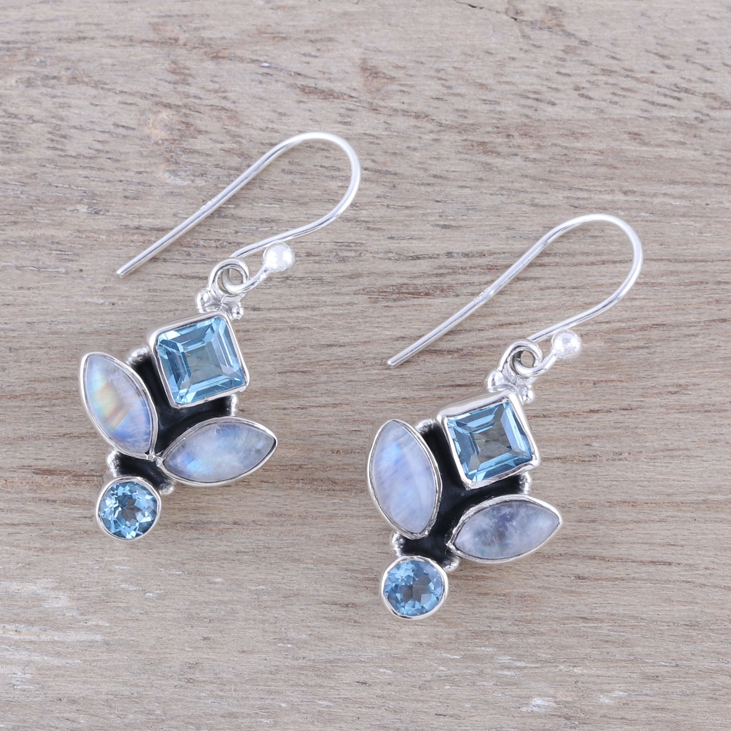 Glitzy Blue Blue Topaz and Rainbow Moonstone Dangle Earrings from India