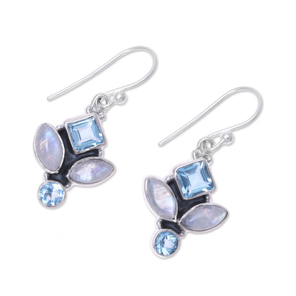 Glitzy Blue Blue Topaz and Rainbow Moonstone Dangle Earrings from India