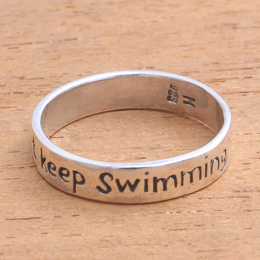 Just Keep Swimming Inspirational Sterling Silver Band Ring from Bali