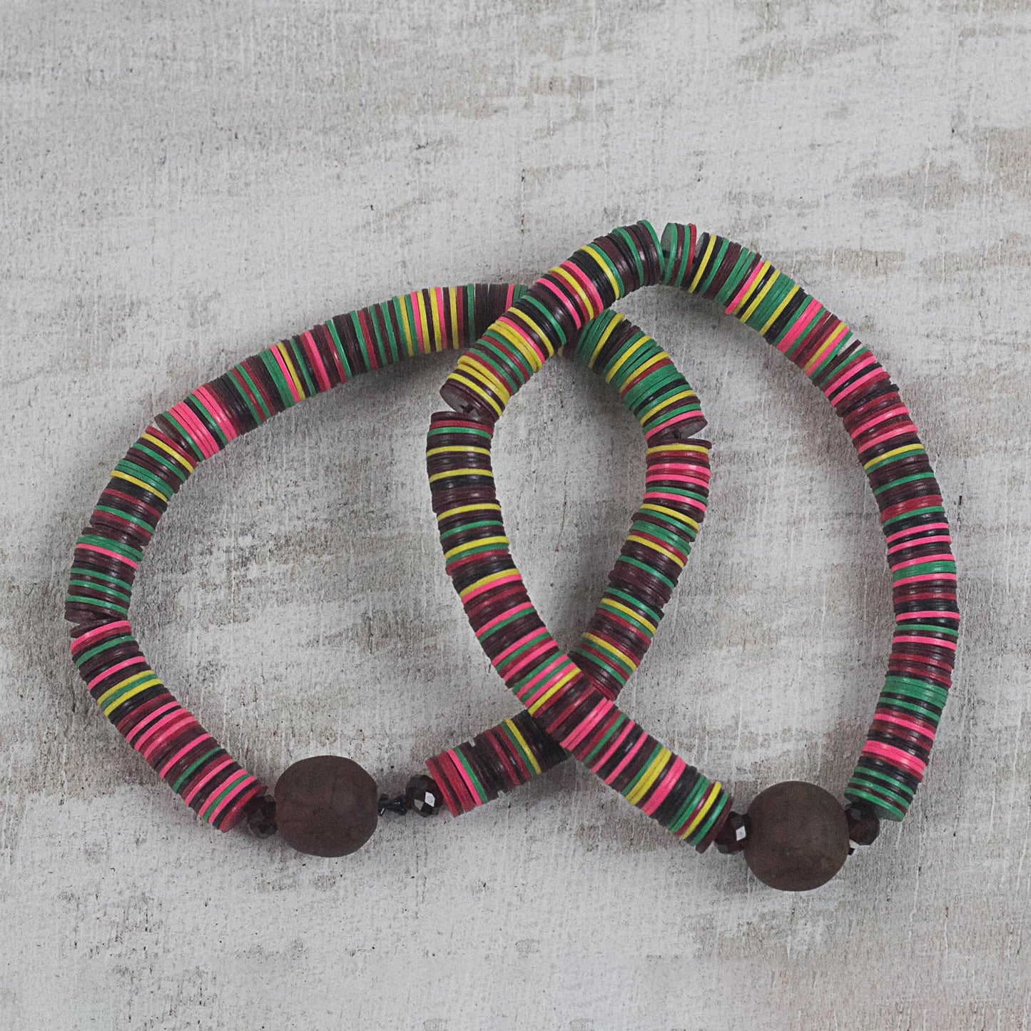 Gathering of Colors Recycled Plastic and Glass Beaded Pair of Stretch Bracelets